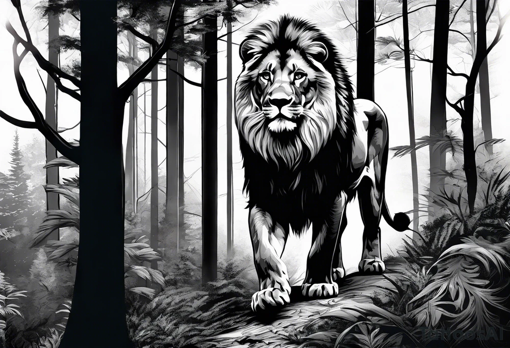 realistic black and gray dark
forest with a small lion walking into the forest tattoo idea