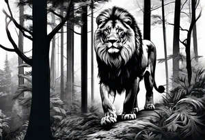 realistic black and gray  dark 
forest with a small lion walking into the forest tattoo idea