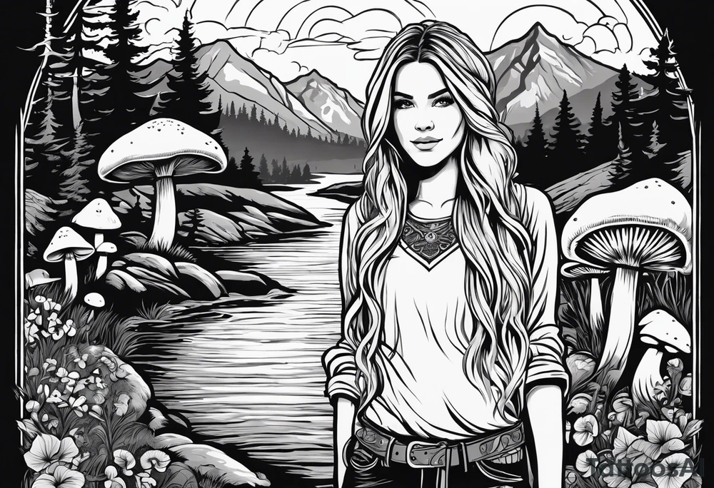 Whole picture encircled fully

Straight long blonde hair hippie girl in distance holding mushrooms in hand facing away toward mountains and creek surrounded by mushrooms long sleeve shirt and hiking pants; whole rendering within a full celtic circle, no cut off circle tattoo idea