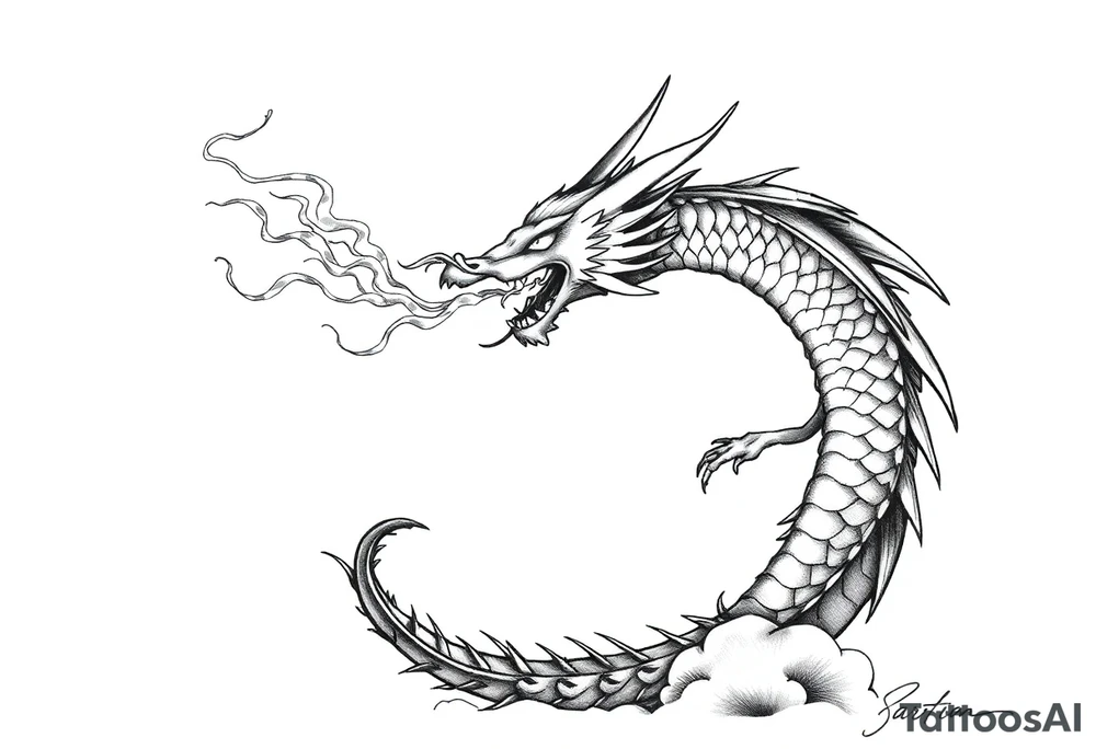 fierce dragon breathing iridescent fire against stormy skies tattoo idea