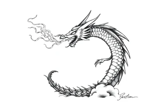 fierce dragon breathing iridescent fire against stormy skies tattoo idea