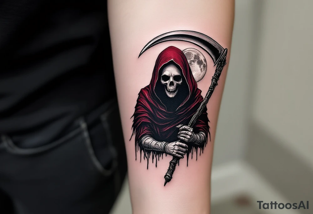 A shadowy Reaper cloaked in deep maroon, with a scythe blade reflecting a full moon in shimmering silver tones. tattoo idea