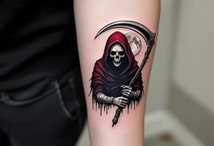 A shadowy Reaper cloaked in deep maroon, with a scythe blade reflecting a full moon in shimmering silver tones. tattoo idea