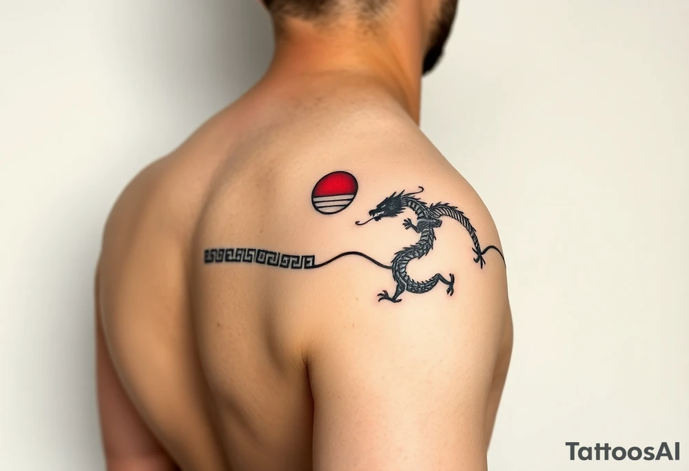 "Minimalist tattoo line wrapping around forearm. Black Greek meander pattern with:  
1. Small red sun (circle + 4 triangles)  
2. Flowing black dragon (simple zigzag)  
No background, no shading, perfect loop." tattoo idea