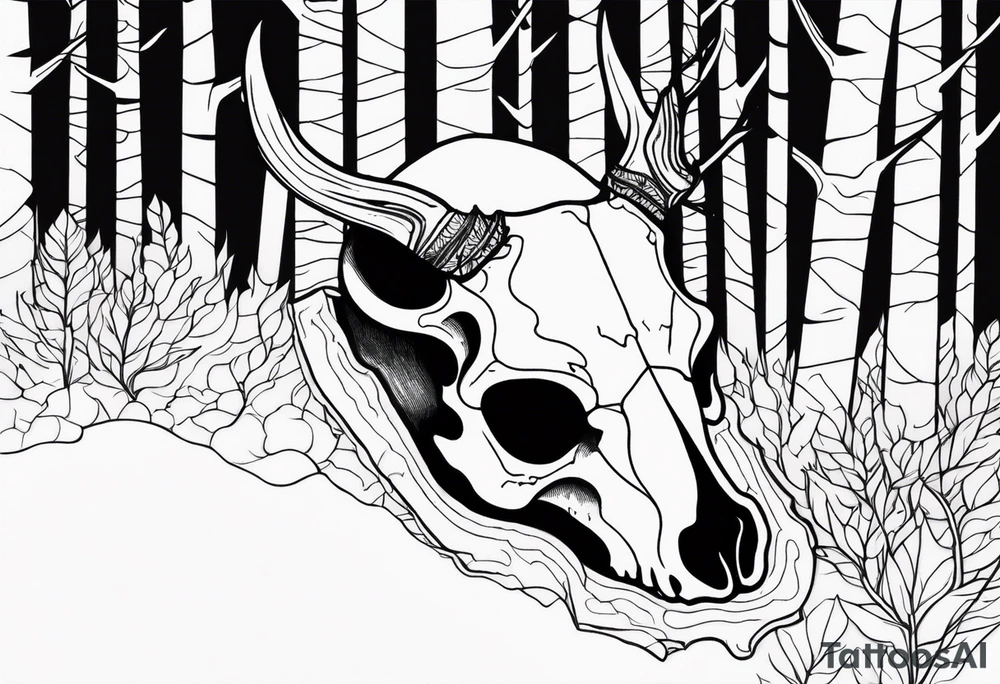 side view of a DECAYING deer skull JUST BONE surrounded by a forest fire in background tattoo idea