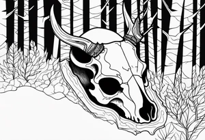 side view of a DECAYING deer skull JUST BONE surrounded by a forest fire in background tattoo idea