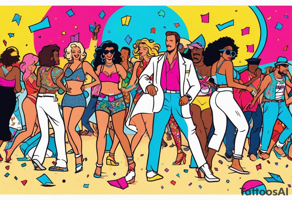1980's miami vice style beach dance 
party, include confetti, music notes, boom box, bikinis tattoo idea