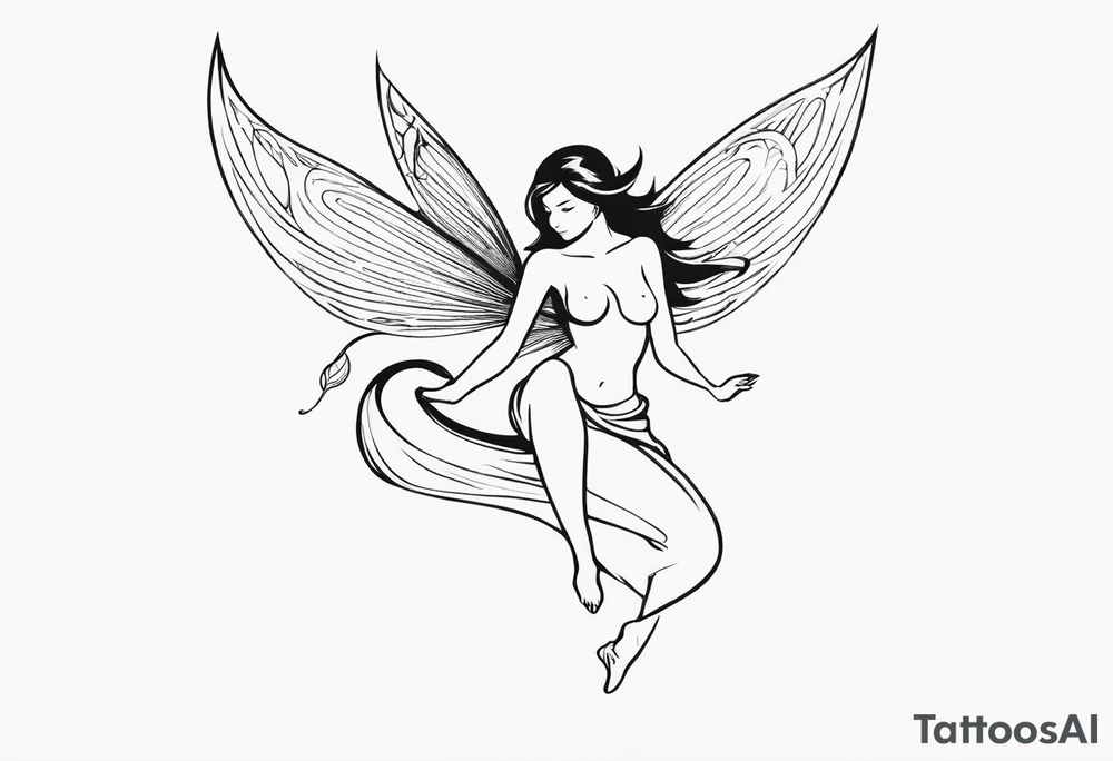 Minimalistic, monochromatic fairy with a tail flying to the left in a fetal position, leaning and looking in the same direction, with visible hands, embodying the 'Fairy Tail' logo aesthetic. tattoo idea