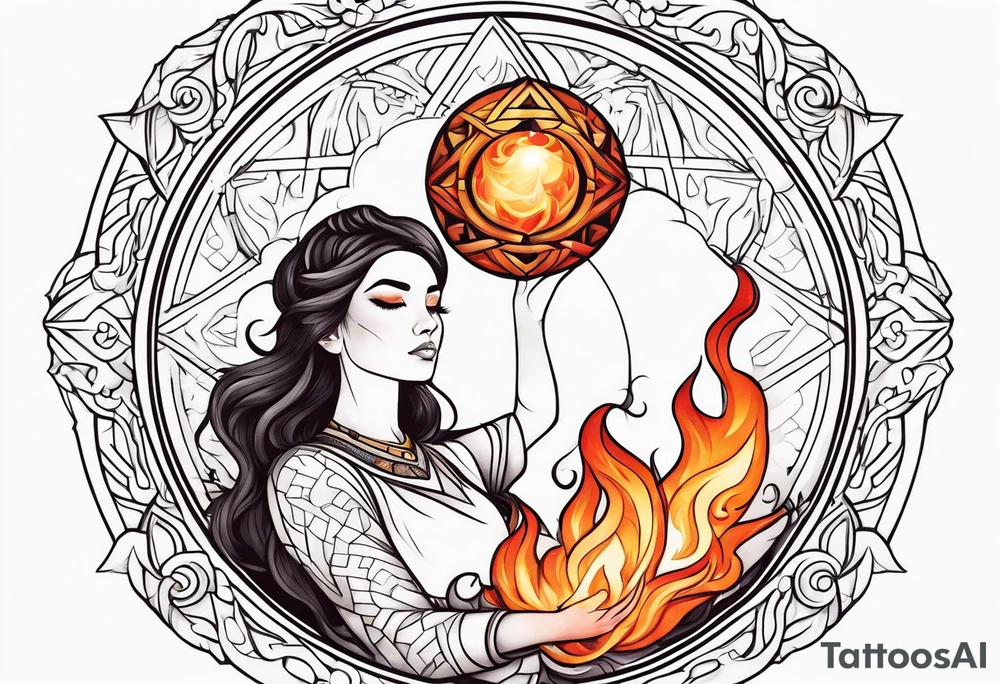 Woman holding fiery orb of creation above her head tattoo idea