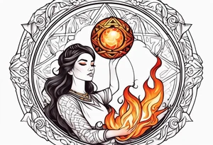 Woman holding fiery orb of creation above her head tattoo idea