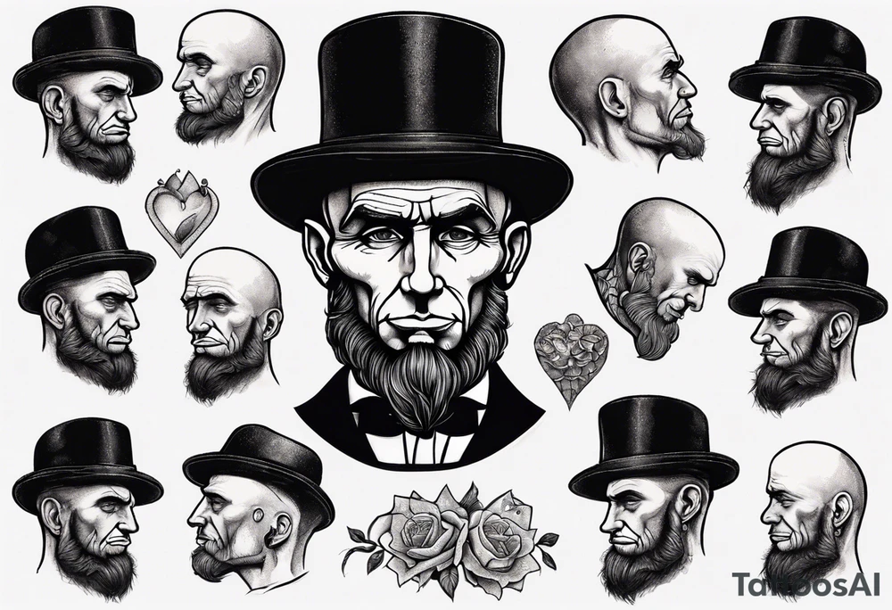 bald heartbroken man closeup Lincoln Beard black hat tattoo idea