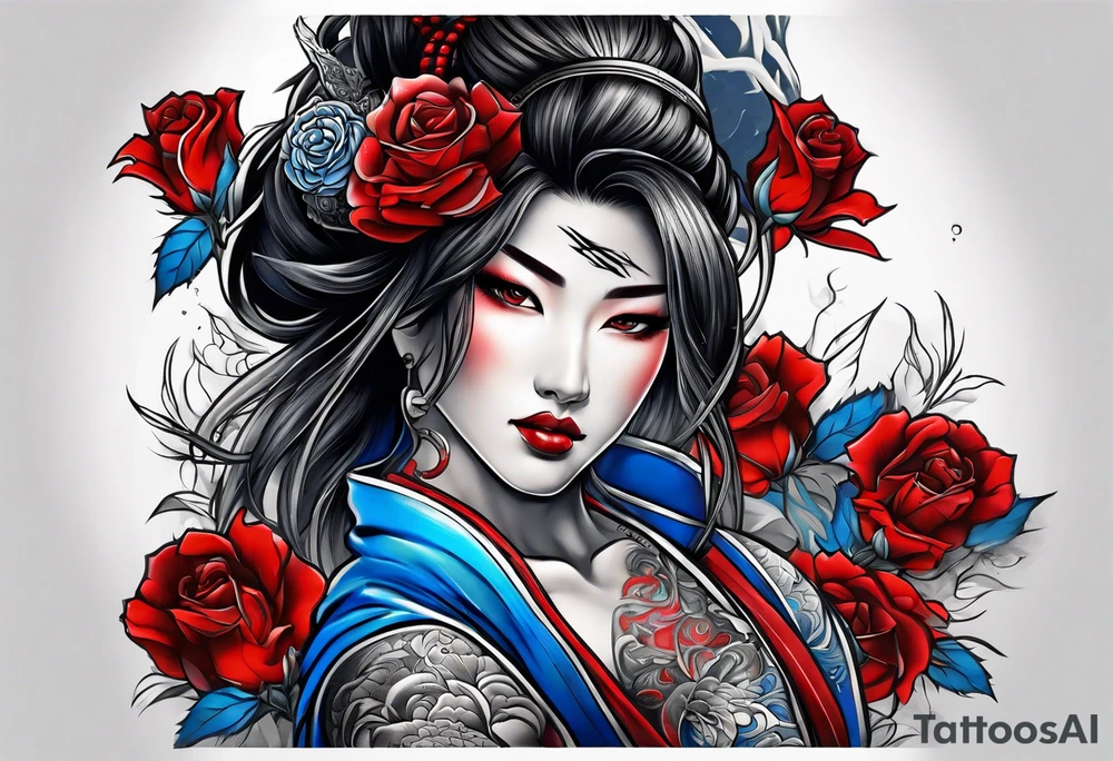 Samurai woman Colored blue and red roses tattoo idea