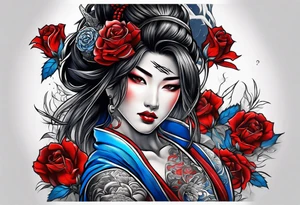 Samurai woman Colored blue and red roses tattoo idea