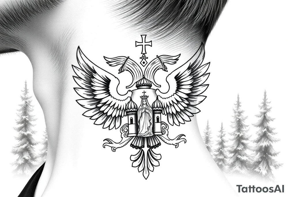 russian coat of arms double headed eagle traditional christian orthodox cross with a virgin mary stood in the entrance of a russian orthodox dome church on the side of the neck in a wilderness setting tattoo idea