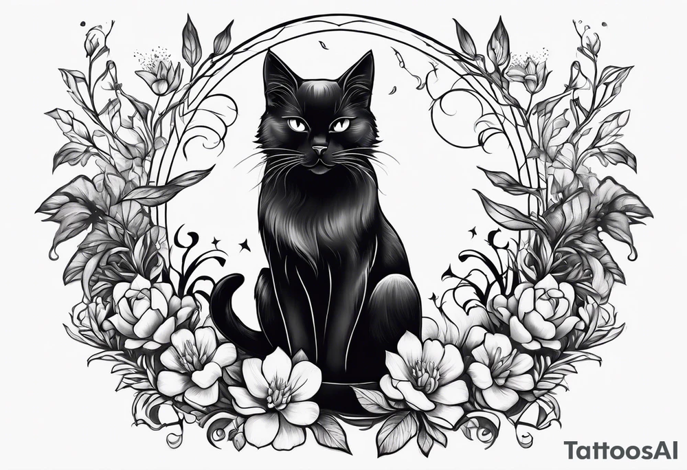 Ethereal witchy garden black cat tattoo idea