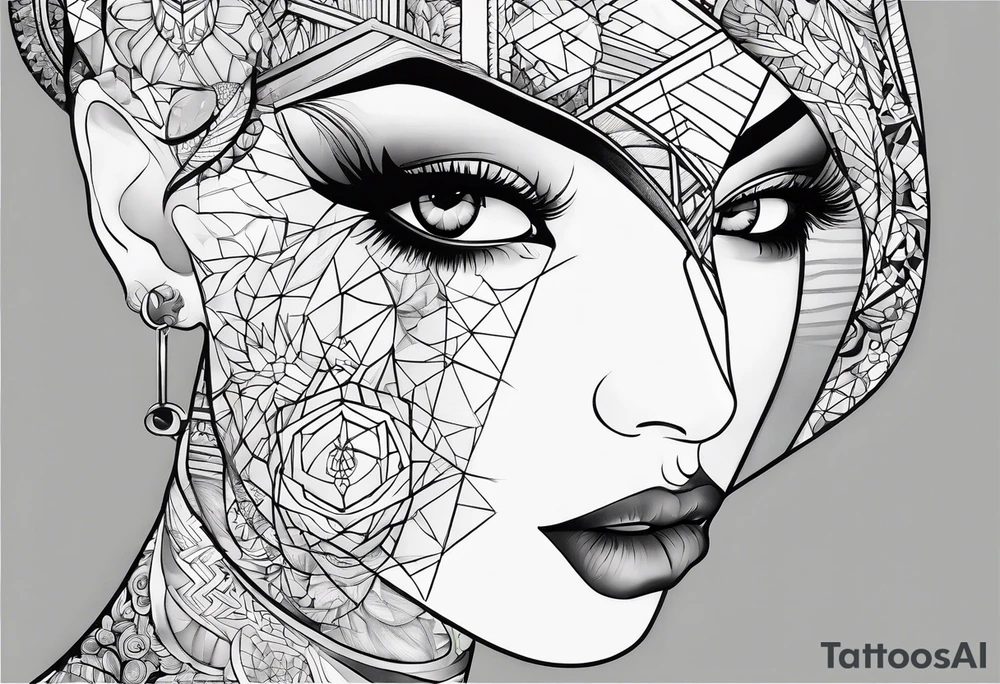 fine line tattoo, geometric figures, a face, time tattoo idea