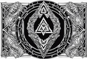 Valhalla sword shield dragon axe stairs Valknut barbed wire chains valknut fire tattoo idea