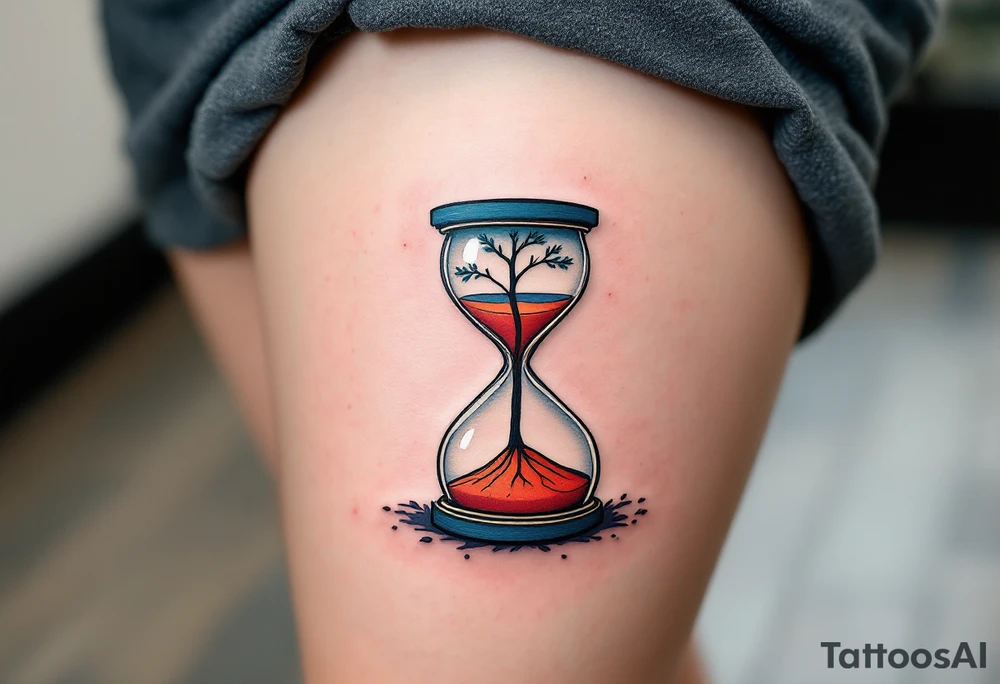 A tree single standing hourglass in three different colors of sand in white, red, and deep blue tattoo idea