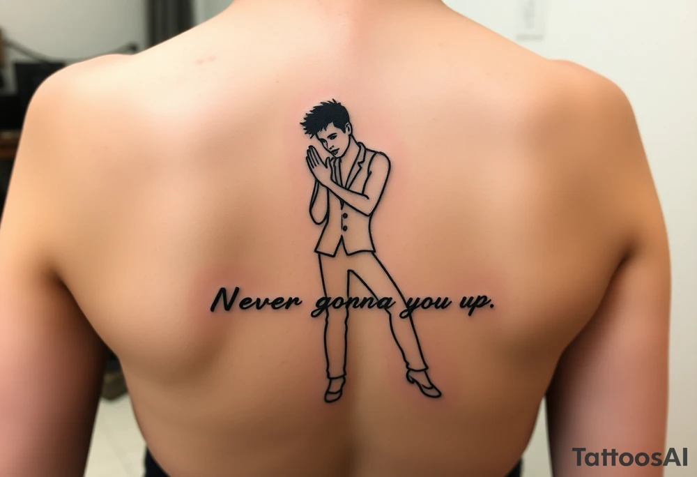 Rick Astley's  Dance Pose outline with text "Never Gonna Give You Up" tattoo idea