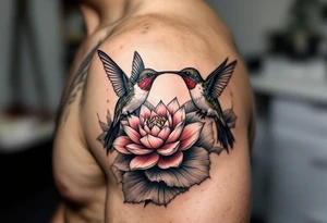 hummingbird drinking from lotus flower (Red and black colors only) tattoo idea