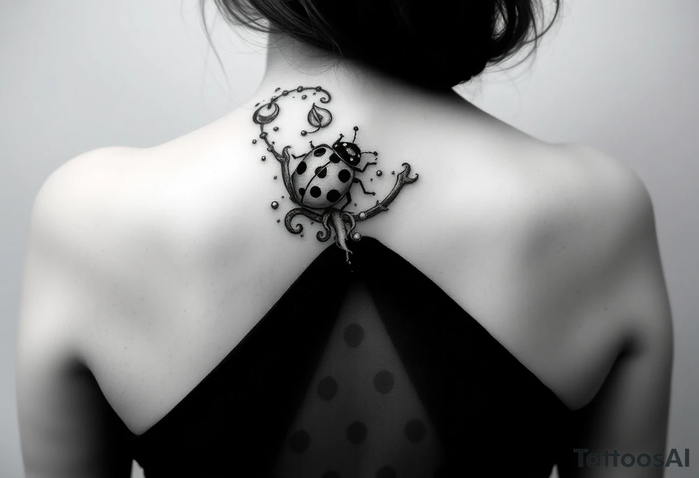A ladybug getting out of hermione's magic wand like it was a spell. Magic dust all around the wand that looks almost smoky. I also want some small details around it that would make a piggyback on harry potter's movie like harry's glasses, a lightning, the golden snitch, etc... tattoo idea