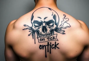 Graffiti type skull with markers dripping ink writing a tag that says on tick behind the skull with smoke that says ontick tattoo idea