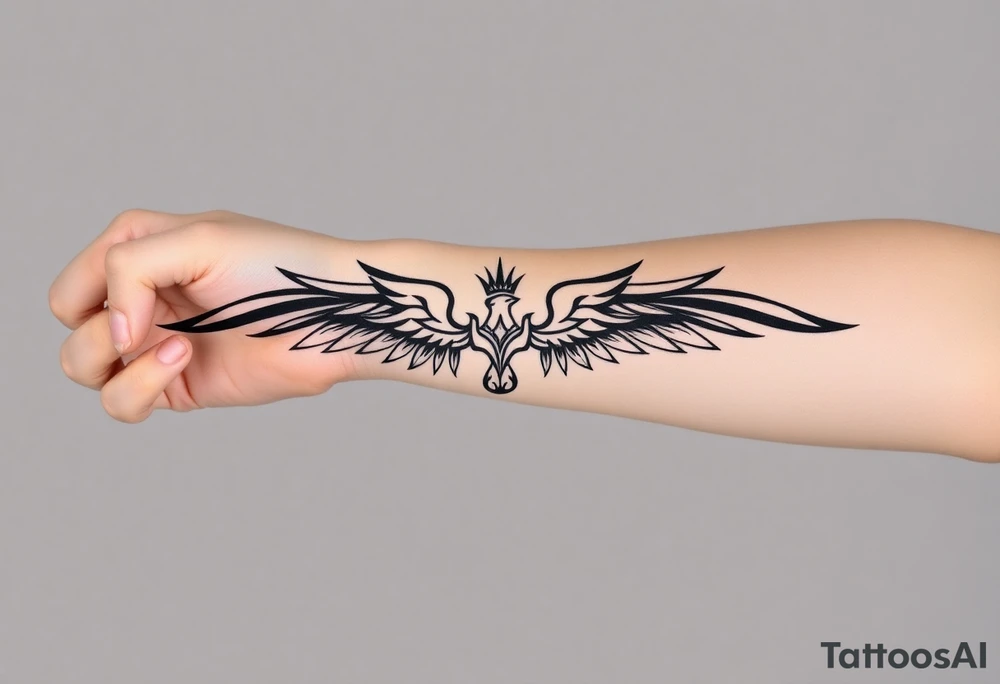 Minimal phoenix and crown fine lines tattoo idea