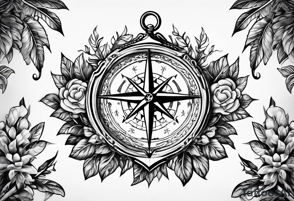 A selucid style anchor in front of a compass and a narrow laurel wreathe wrapped around the compass tattoo idea