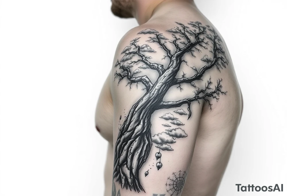 right arm sleeve, giant tree branch made of stone, clouds and lightning mixed throughout, tattoo idea