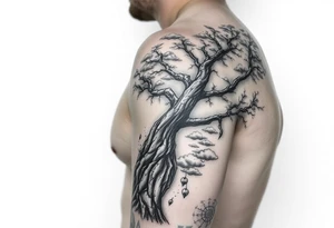 right arm sleeve, giant tree branch made of stone, clouds and lightning mixed throughout, tattoo idea