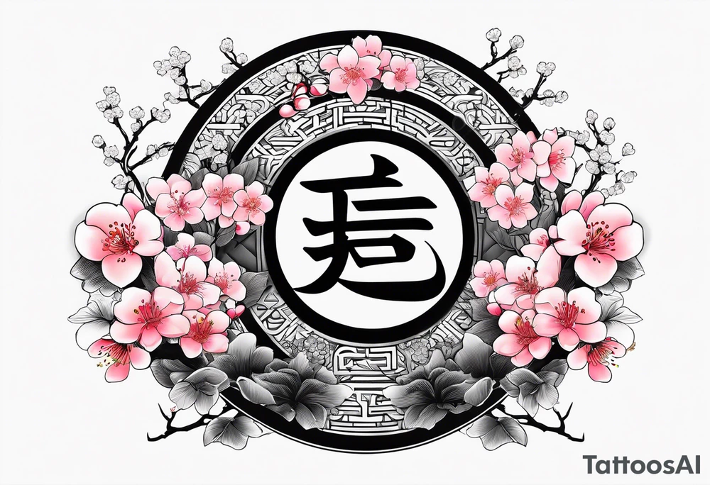 Kanji letter for shadow inside half circle with cherry blossoms tattoo idea