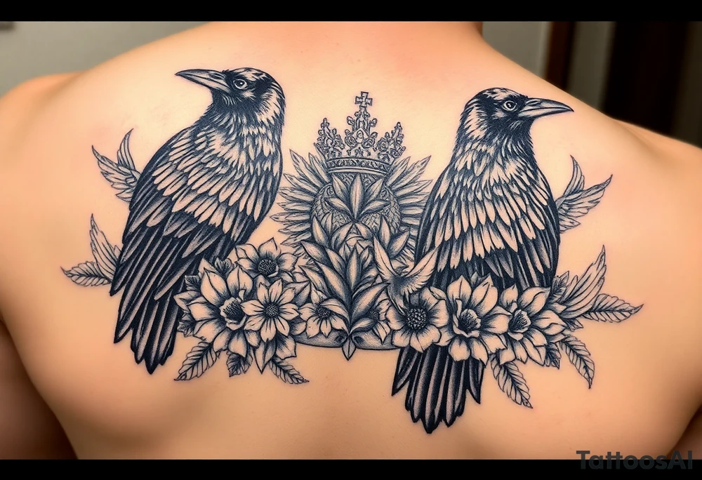 powerful majestic ravens with a crown, surrounded by floral ornaments and birds tattoo idea