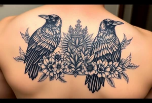 powerful majestic ravens with a crown, surrounded by floral ornaments and birds tattoo idea