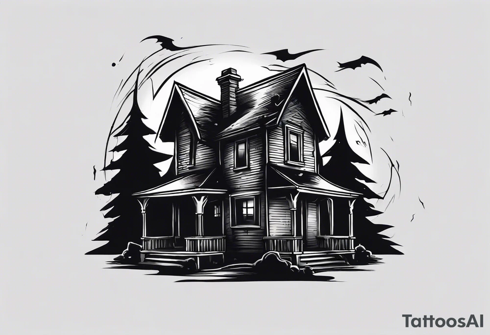Create a tattoo design featuring a small house with a sinister, pointy roof, enveloped in a dark atmosphere. Include a black demonic figure lifting the roof, peering out into the surroundings with an ominous presence. tattoo idea