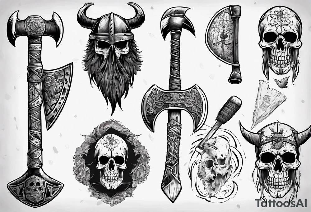 viking axe with crow and sugar skull tattoo idea