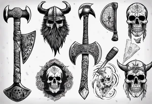 viking axe with crow and sugar skull tattoo idea