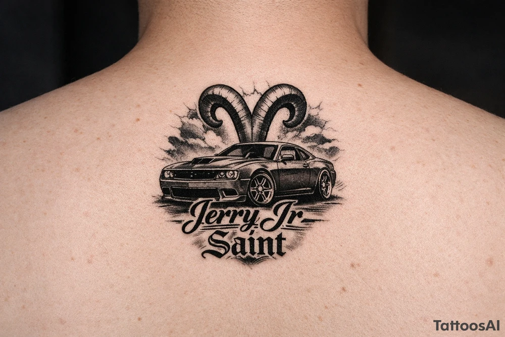 Aries symbol with Jerry Jr name and nickname Saint with a car with rims tattoo idea
