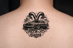 Aries symbol with Jerry Jr name and nickname Saint with a car with rims tattoo idea
