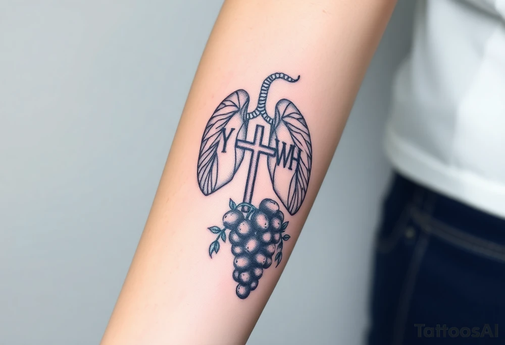 Initials YH WH in lungs with cross and grapes on vine tattoo idea