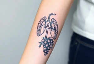 Initials YH WH in lungs with cross and grapes on vine tattoo idea