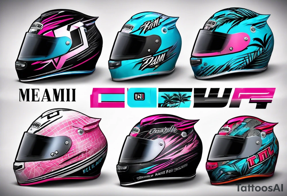 formula 1 helment with miami name a palm three and black light blue and pink colors tattoo idea