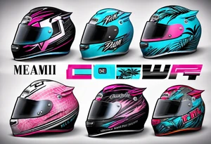 formula 1 helment with miami name a palm three and black light blue and pink colors tattoo idea