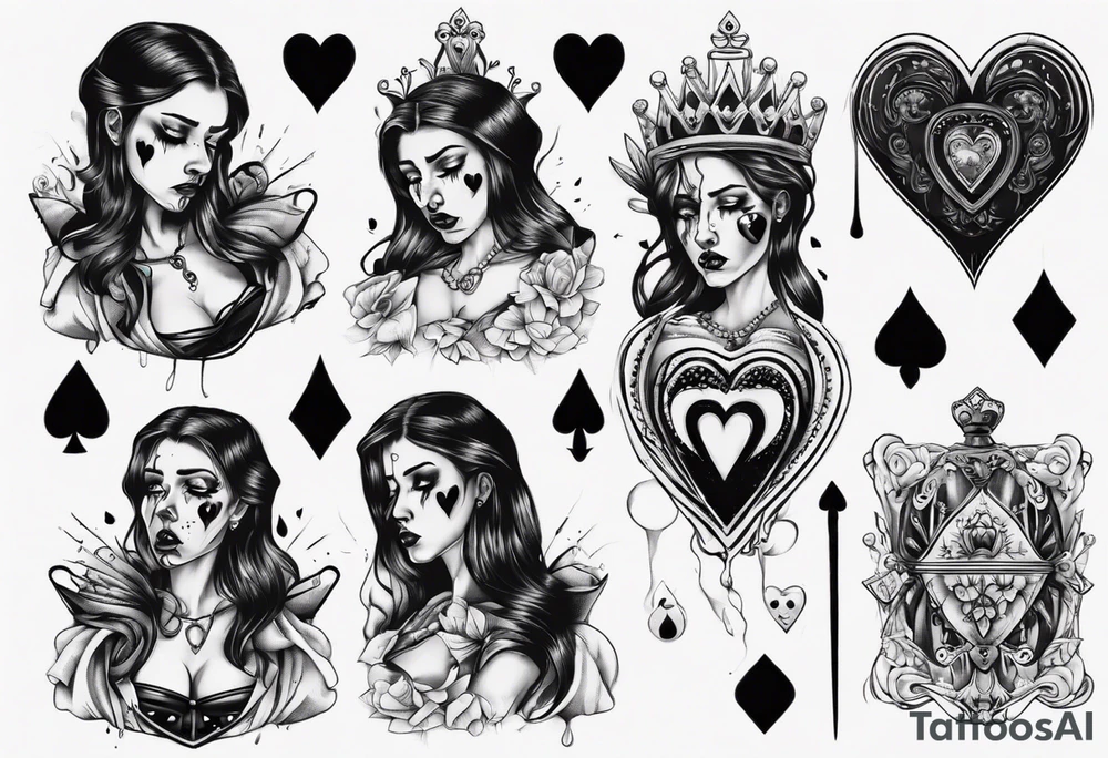 queen of hearts crying black tears, with blank eyes tattoo idea