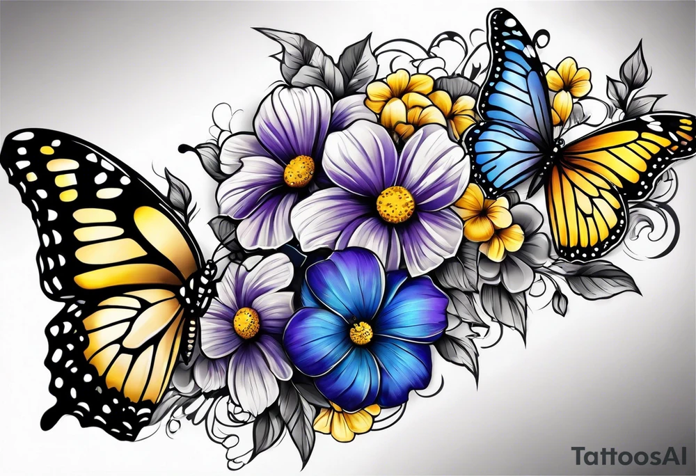 Arm sleeve Butterflies with purple, yellow and blue flowers tattoo idea