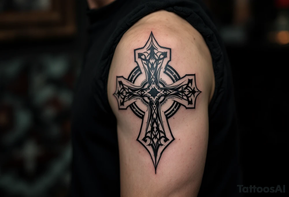 A shadowy gray Celtic cross with subtle shading, creating a ghostly, mysterious effect. tattoo idea