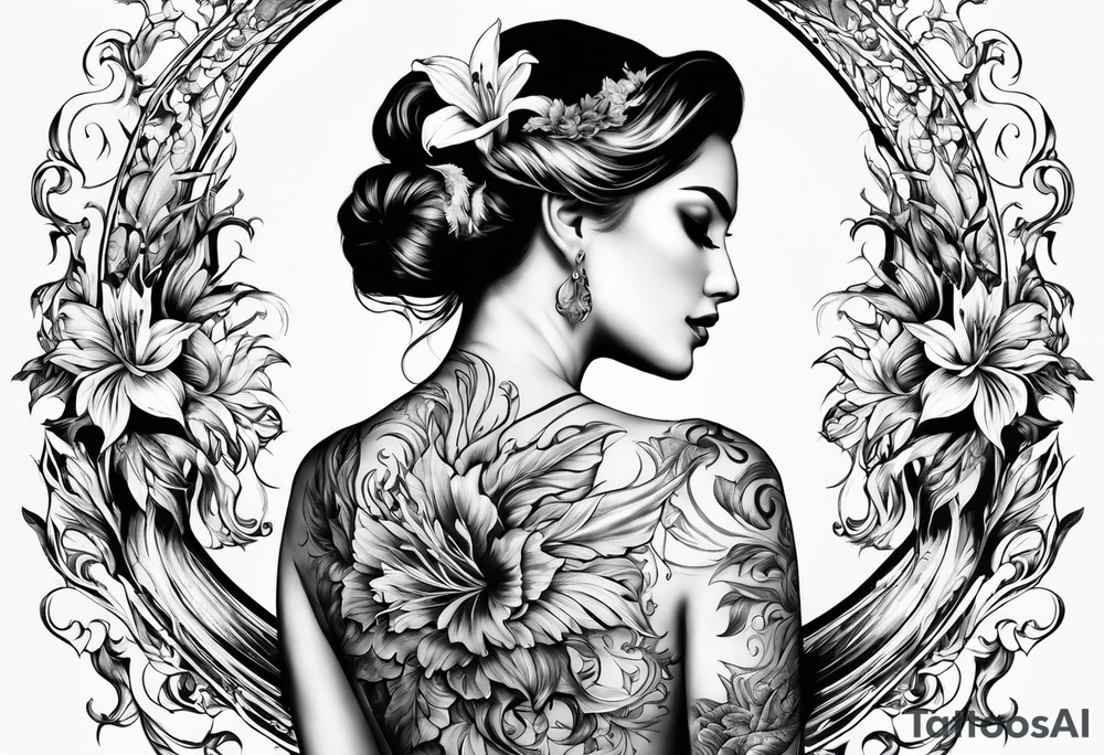 a back tatoo with a  fenix  with flames and that blooms with madonna lily's tattoo idea