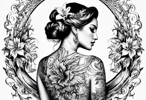 a back tatoo with a  fenix  with flames and that blooms with madonna lily's tattoo idea