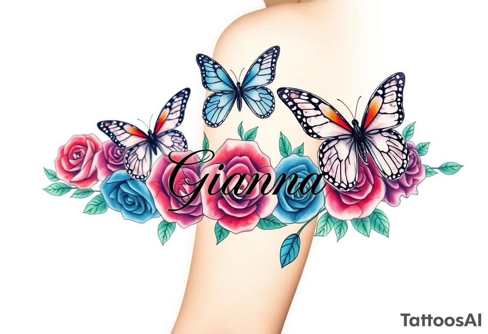 Beautiful butterflies surrounded by red purple, blue and green roses with the name Gianna tattoo idea