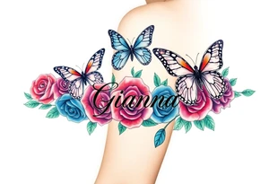 Beautiful butterflies surrounded by red purple, blue and green roses with the name Gianna tattoo idea