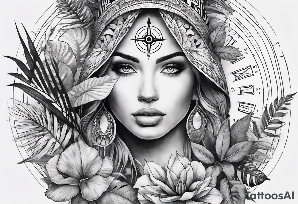 sleeve tattoo with compass and all-seeing eye and jungle plants tattoo idea